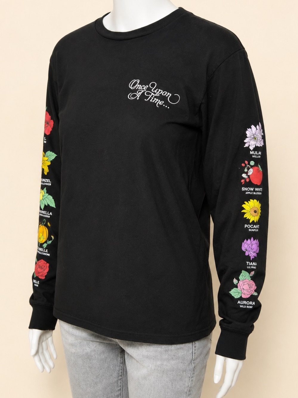 Disney Princess Floral Long Sleeve Graphic Tee Black Size Small